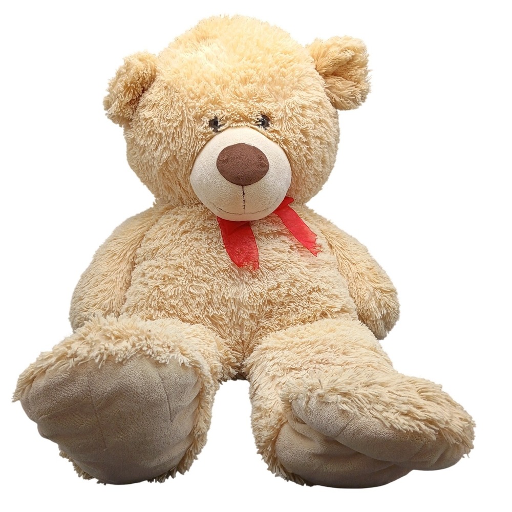 Classic Shaggy Tan Plush Teddy Bear with Red Ribbon Bow 20 Inch Soft Stuffed Toy